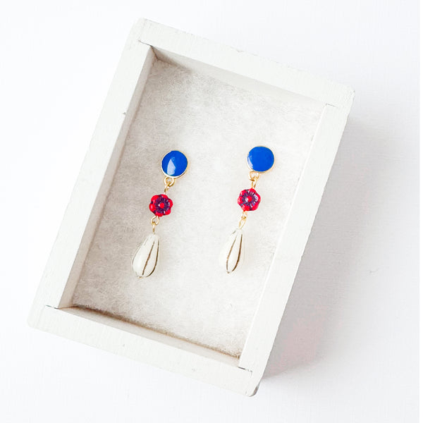 Red Flower Dangle Stud Earrings