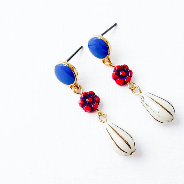 Red Flower Dangle Stud Earrings