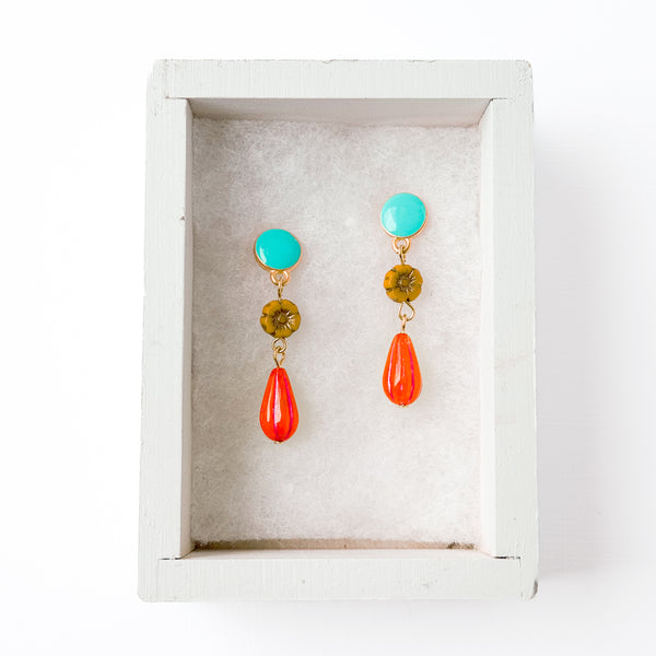 Turquoise and coral Flower Dangle Stud Earrings