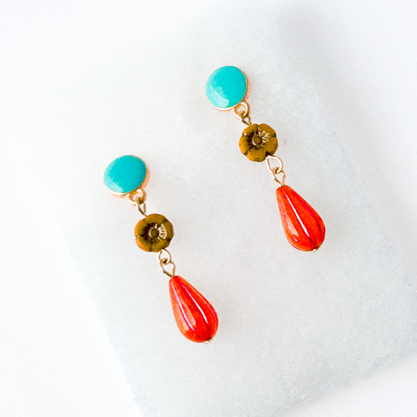 Turquoise and coral Flower Dangle Stud Earrings