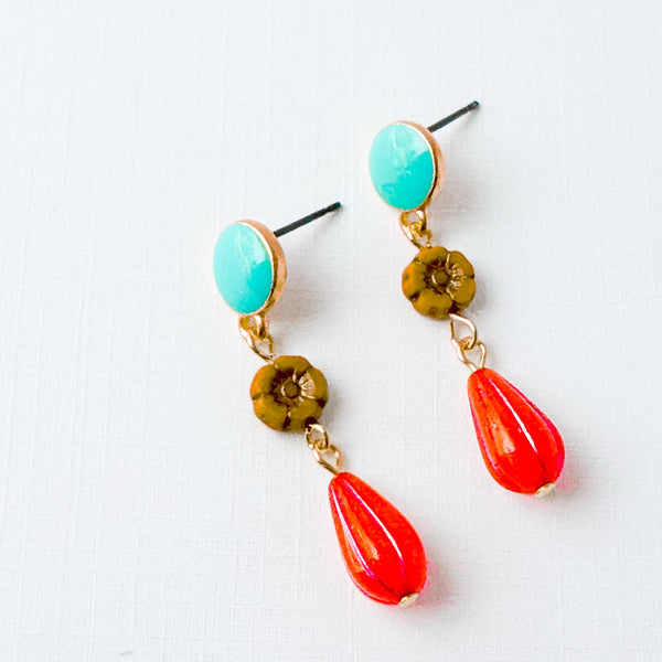 Turquoise and coral Flower Dangle Stud Earrings