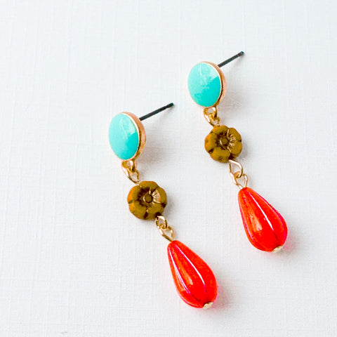 Turquoise and coral Flower Dangle Stud Earrings