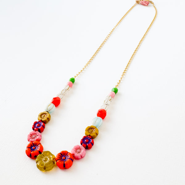 Dainty Bead And Flower Necklace With Tiny Pink Tassel