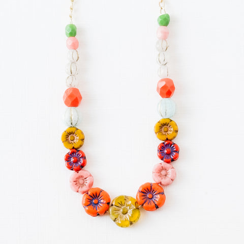 Dainty Bead And Flower Necklace With Tiny Pink Tassel