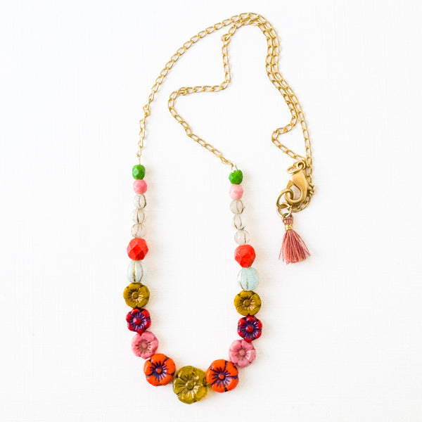 Dainty Bead And Flower Necklace With Tiny Pink Tassel