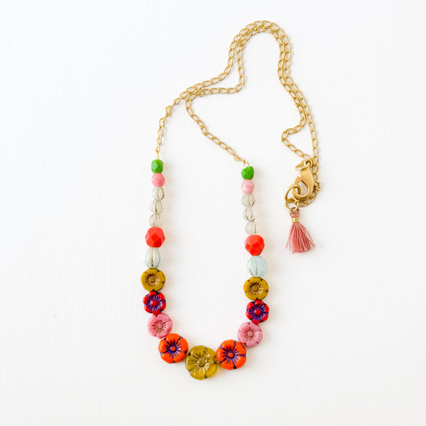 Dainty Bead And Flower Necklace With Tiny Pink Tassel