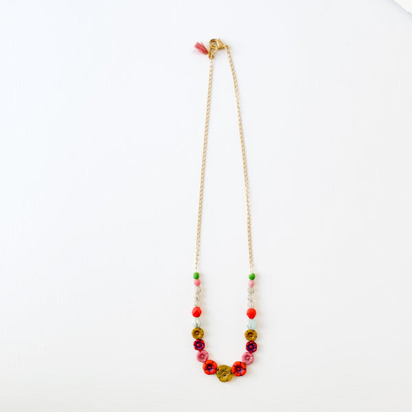 Dainty Bead And Flower Necklace With Tiny Pink Tassel