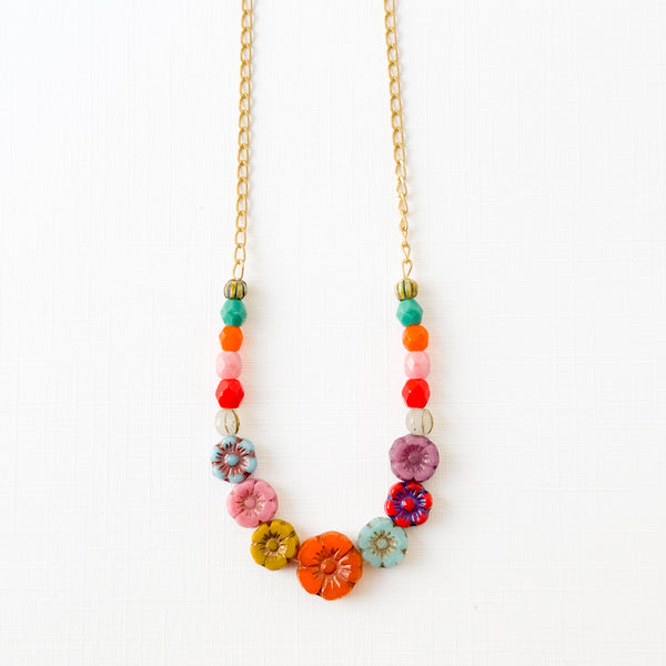 Dainty Bead And Flower Necklace With Tiny Orange Tassel