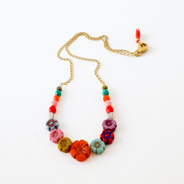 Dainty Bead And Flower Necklace With Tiny Orange Tassel