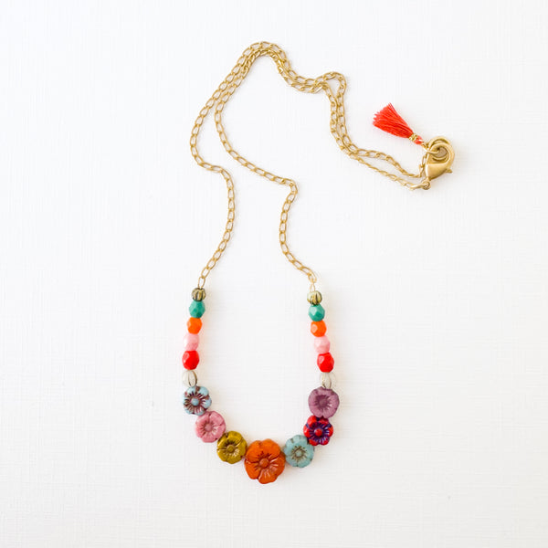 Dainty Bead And Flower Necklace With Tiny Orange Tassel