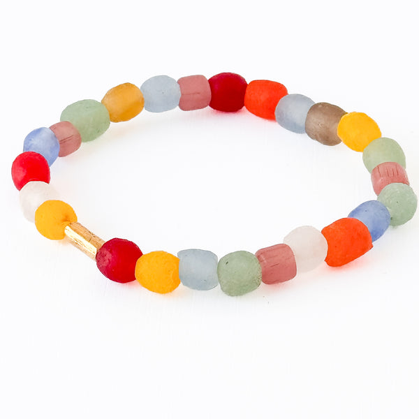 Recycled African Glass Bead Bracelet with Gold Accent