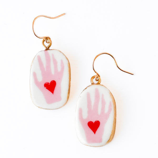 Ceramic Hand & Heart Drop Earrings
