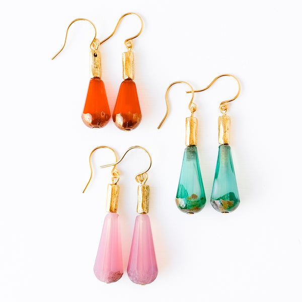 Long Czech Glass Teardrop Earrings with Antiqued Gold Accent