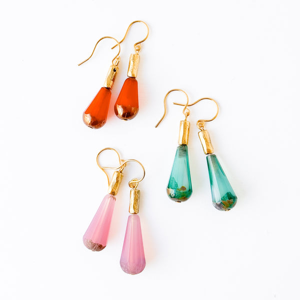 Long Czech Glass Teardrop Earrings with Antiqued Gold Accent