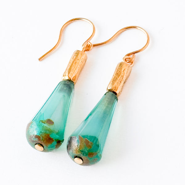 Long Czech Glass Teardrop Earrings with Antiqued Gold Accent