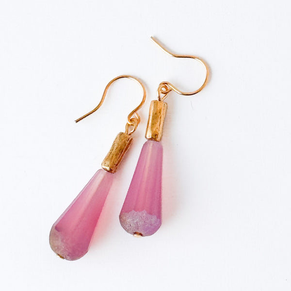 Long Czech Glass Teardrop Earrings with Antiqued Gold Accent