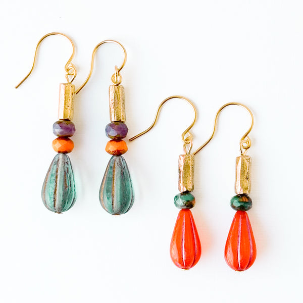 Striped Glass Drop Earrings with Gold Accents