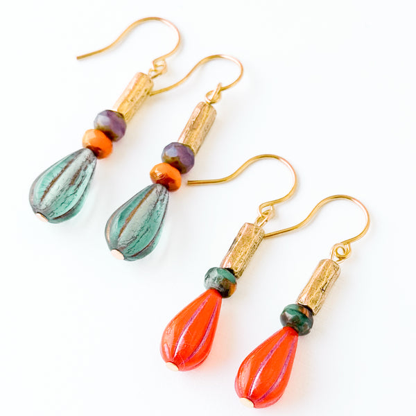 Striped Glass Drop Earrings with Gold Accents