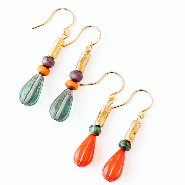 Striped Glass Drop Earrings with Gold Accents