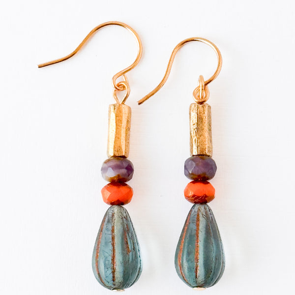 Striped Glass Drop Earrings with Gold Accents