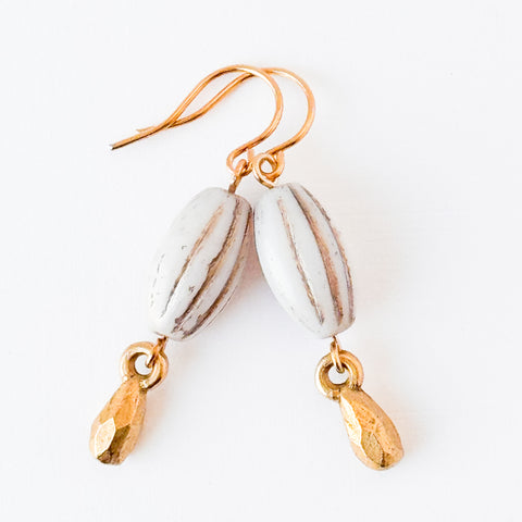 White Glass Melon Bead Drop Earrings with Gold Accents