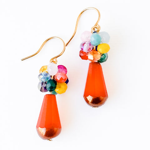Coral Glass Drop Earrings with Colorful Crystal Beads