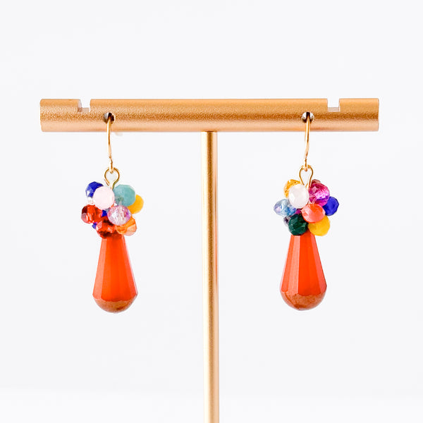 Coral Glass Drop Earrings with Colorful Crystal Beads