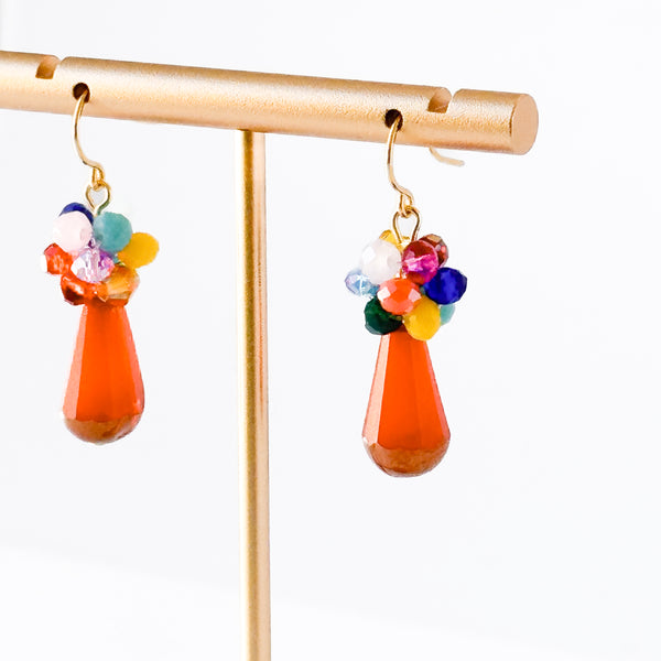 Coral Glass Drop Earrings with Colorful Crystal Beads