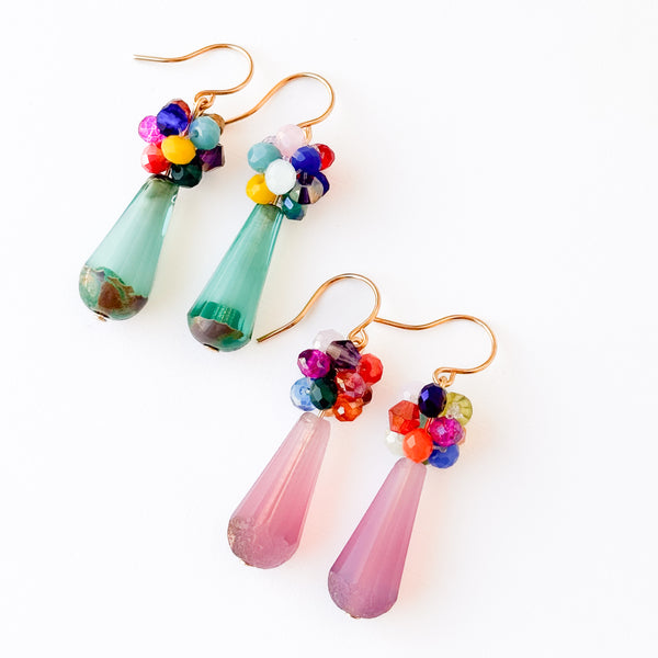 Glass Drop Earrings with Colorful Crystal Cluster Accents