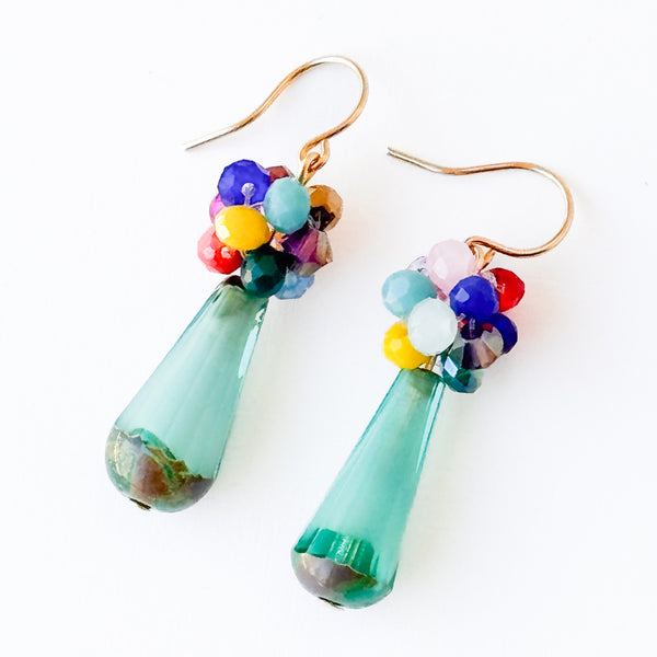 Glass Drop Earrings with Colorful Crystal Cluster Accents