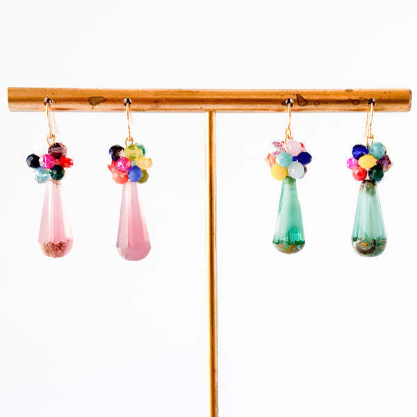 Glass Drop Earrings with Colorful Crystal Cluster Accents