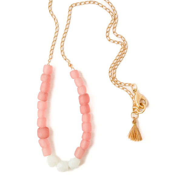 Pink Recycled Glass And Bead Necklace