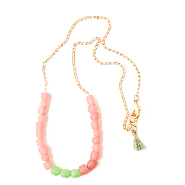 Pink Recycled Glass And Bead Necklace