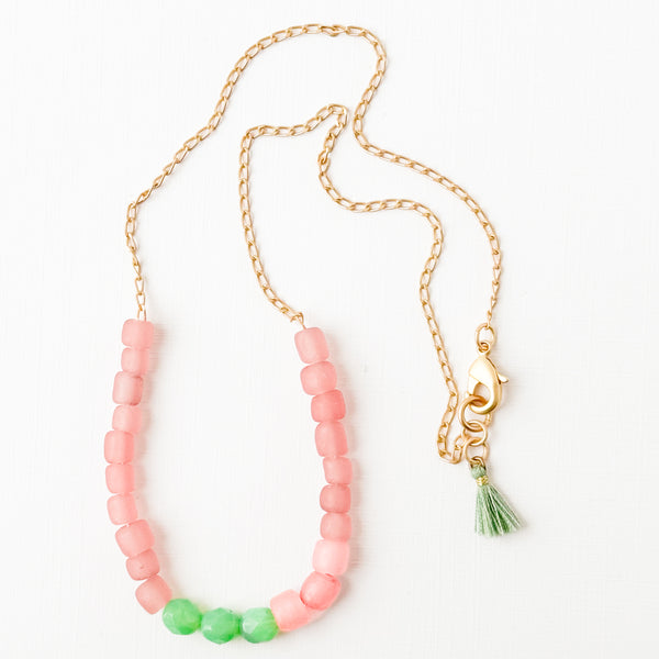 Pink Recycled Glass And Bead Necklace