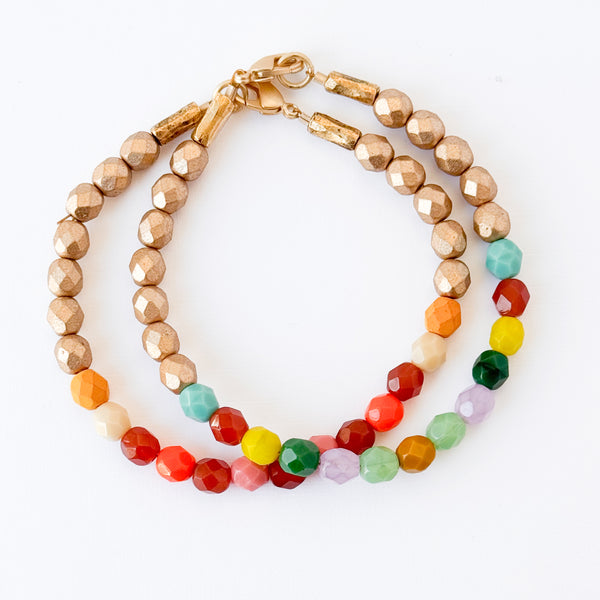 Faceted Glass Bead Bracelet · Red or Green Mix · Gold Accent