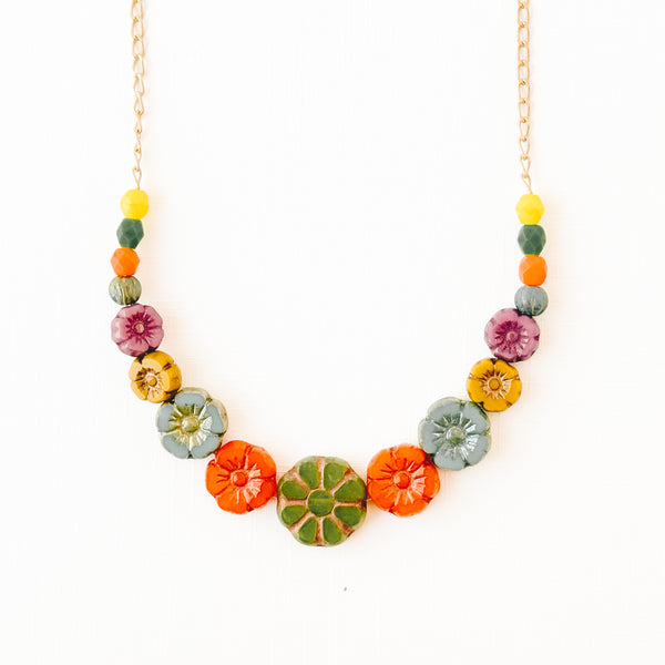  Green Multi Flower And Bead Necklace With Tiny Green Tassel