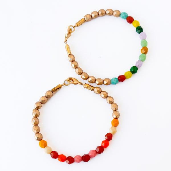 Faceted Glass Bead Bracelet · Red or Green Mix · Gold Accent