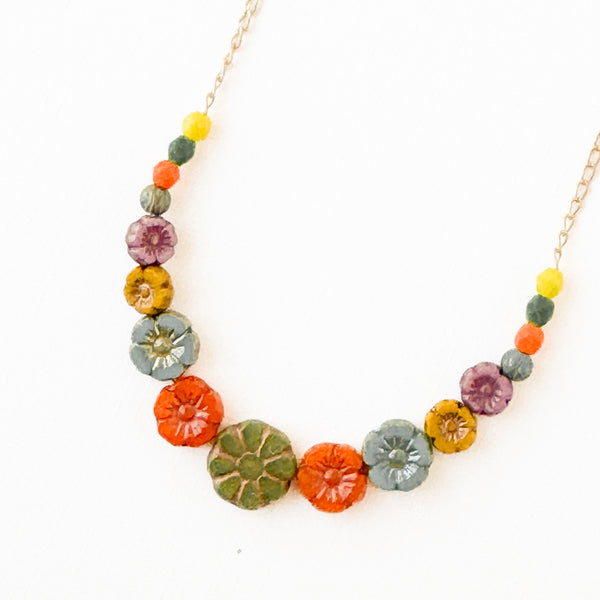  Green Multi Flower And Bead Necklace With Tiny Green Tassel