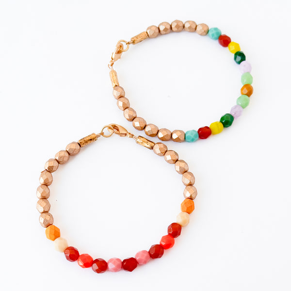 Faceted Glass Bead Bracelet · Red or Green Mix · Gold Accent