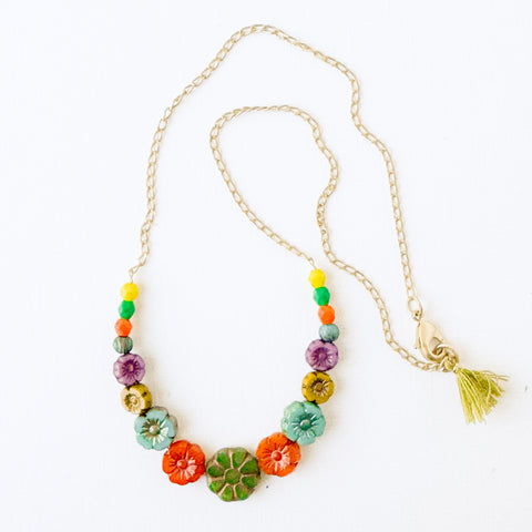 Green Multi Flower And Bead Necklace With Tiny Green Tassel