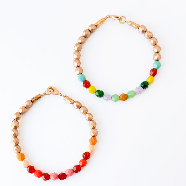 Faceted Glass Bead Bracelet · Red or Green Mix · Gold Accent