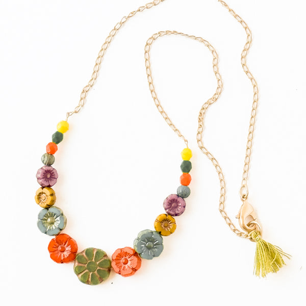  Green Multi Flower And Bead Necklace With Tiny Green Tassel