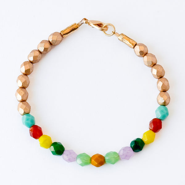 Faceted Glass Bead Bracelet · Red or Green Mix · Gold Accent