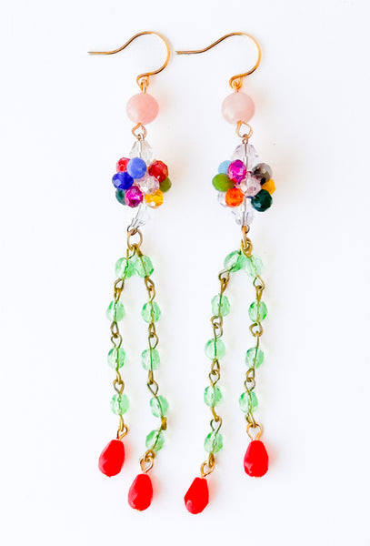 Long Colorful Crystal Cluster Earrings Green Chain and Red Drops
