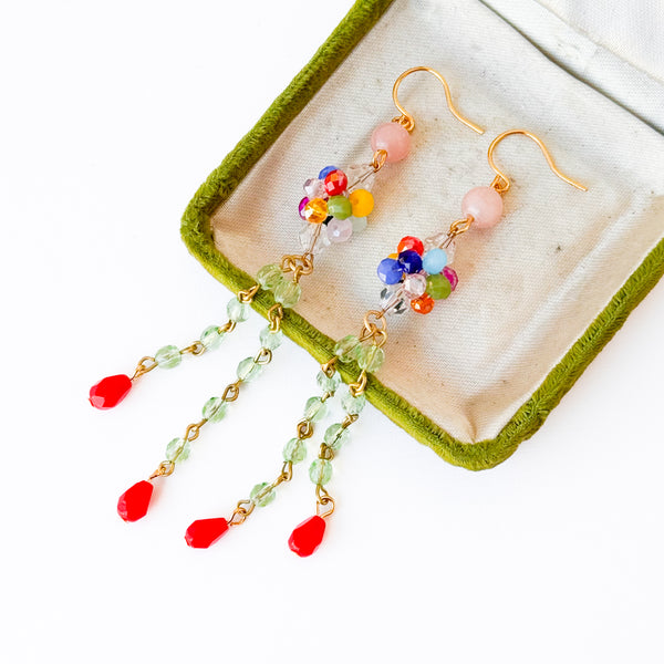 Long Colorful Crystal Cluster Earrings Green Chain and Red Drops