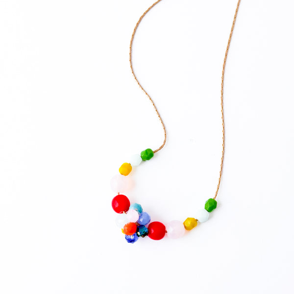 Colorful Brown And Lilac Floral Beaded Spring Necklace