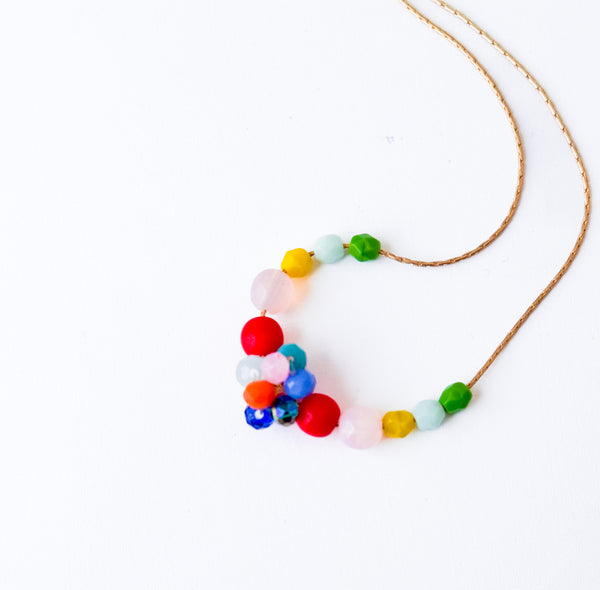 Colorful Crystal Beaded Necklace Gold Chain Spring Jewelry- Green