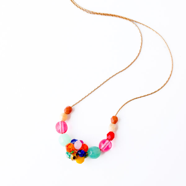 Colorful Crystal Beaded Necklace Gold Chain Spring Jewelry- Brown