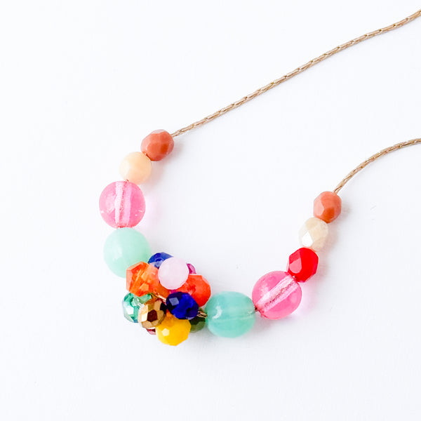 Colorful Crystal Beaded Necklace Gold Chain Spring Jewelry- Brown