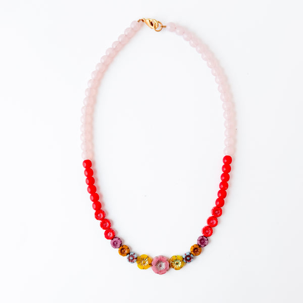 Colorful Pink And Red Floral Beaded Necklace Spring Jewelry